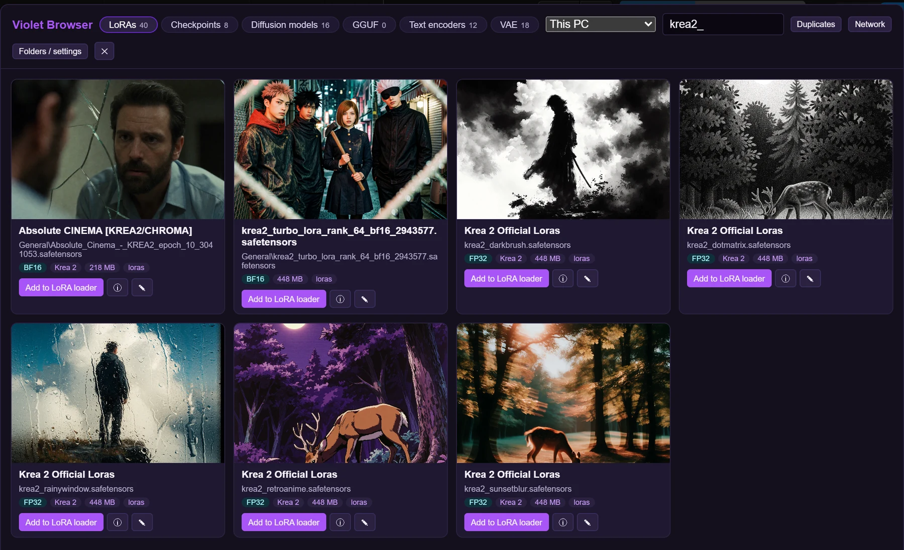 The Violet Browser dialog on its LoRAs tab, filtered by a search, showing a grid of LoRA cards with preview images, base model, precision and size pills, and Add to LoRA loader buttons. Tabs across the top list LoRAs, Checkpoints, Diffusion models, GGUF, Text encoders and VAE with counts, plus a source picker, Duplicates and Network buttons.
